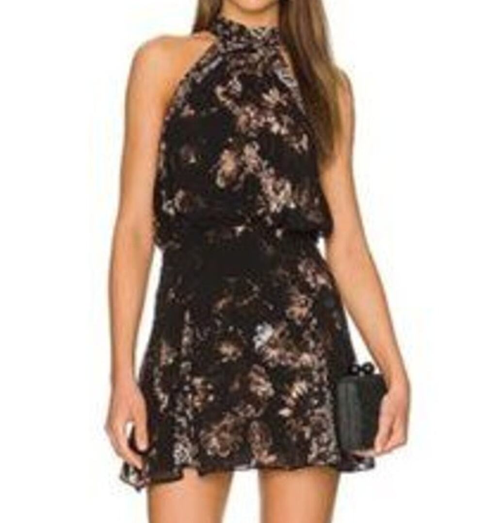 Free People Katerina Halter Tie Sleeveless Floral Mini Dress Black Small